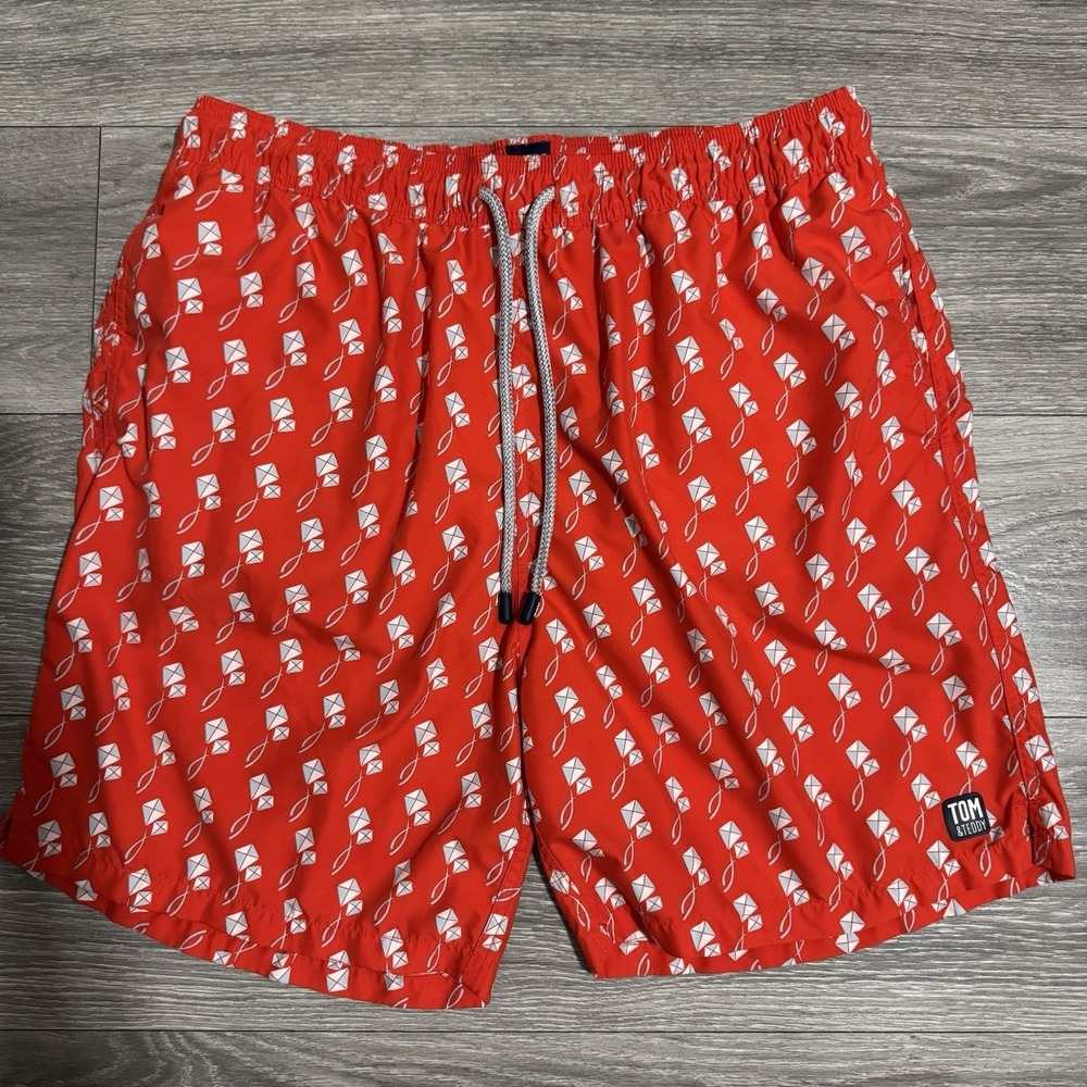 TOM & TEDDY Men's Red Swim Trunk Kite Print Size XXL Drawnstring Lined 2 Pockets